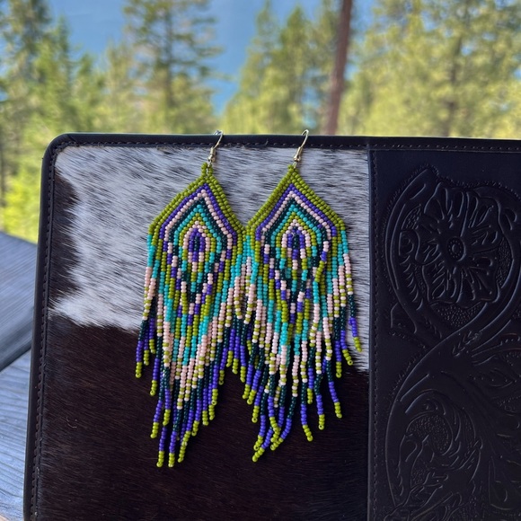 Gorgeous 💋Gold Beaded tassel boho western tribal earrings jewelry purple…New - Picture 4 of 7